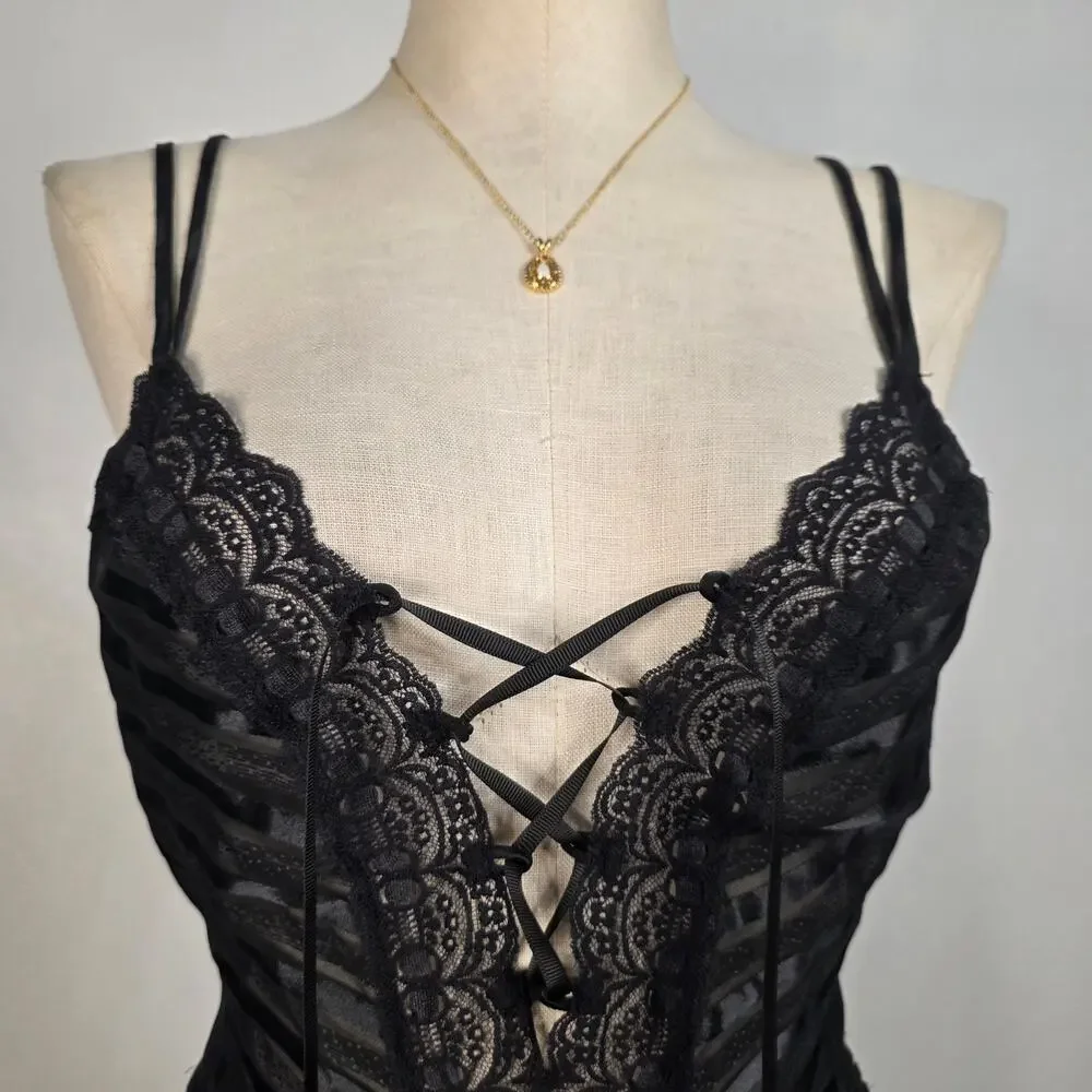 Vintage Black Lace Teddy Bodysuit Lace Up Sheer Striped Lingerie Size Small Sexy